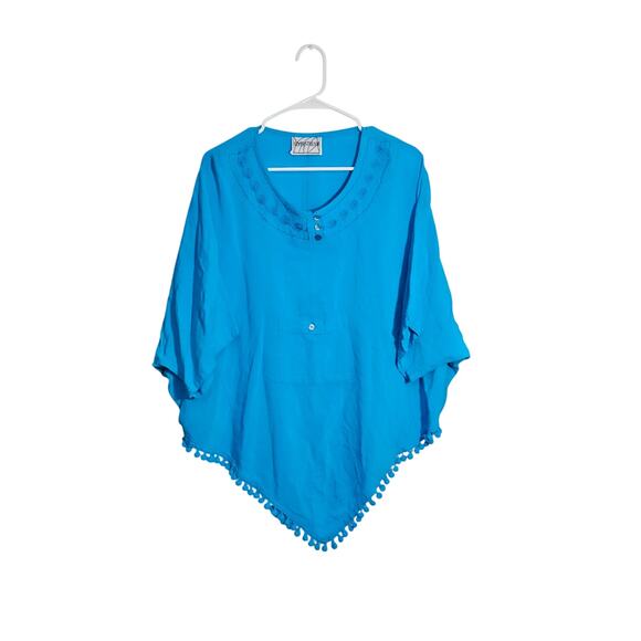 Vintage Silverstream Blue Poncho Shirt Womens Front Pocket Poms at Bottom Size L - Picture 1 of 7